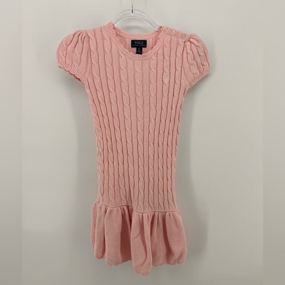 Polo Ralph Lauren Girl’s  Mini Cable Pleated Cotton Sweater Dress,  Size 6x Pink